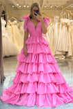 Hot Pink Tiered A Line Princess Prom Dress with Pleated