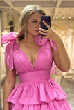 Hot Pink Tiered A Line Princess Prom Dress with Pleated