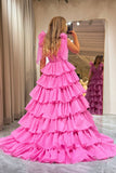 Hot Pink Tiered A Line Princess Prom Dress with Pleated