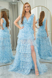 Blue Printed Tiered A Line Princess Prom Dress with Slit