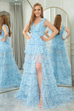 Blue Printed Tiered A Line Princess Prom Dress with Slit