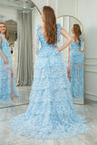 Blue Printed Tiered A Line Princess Prom Dress with Slit