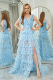 Blue Printed Tiered A Line Princess Prom Dress with Slit