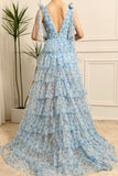 A Line Princess Blue Printed Tiered Long Prom Dress with Slit