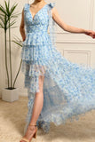 A Line Princess Blue Printed Tiered Long Prom Dress with Slit