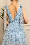 A Line Princess Blue Printed Tiered Long Prom Dress with Slit