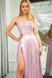 Pink Sparkly Spaghetti Straps Simple Prom Dress with Slit