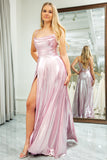 Pink Sparkly Spaghetti Straps Simple Prom Dress with Slit