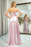 Pink Sparkly Spaghetti Straps Simple Prom Dress with Slit