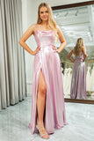 Pink Sparkly Spaghetti Straps Simple Prom Dress with Slit