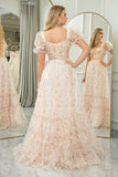 Floral Print Champagne Pleated Princess Prom Dress with Puff Sleeves