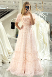 Floral Print Champagne Pleated Princess Prom Dress with Puff Sleeves