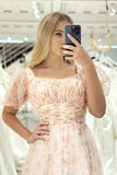 Floral Print Champagne Pleated Princess Prom Dress with Puff Sleeves