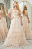 Floral Print Champagne Pleated Princess Prom Dress with Puff Sleeves