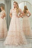 Floral Print Champagne Pleated Princess Prom Dress with Puff Sleeves