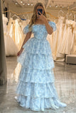 Off the Shoulder Tiered Blue Printed A Line Corset Prom Dress