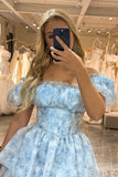 Off the Shoulder Tiered Blue Printed A Line Corset Prom Dress