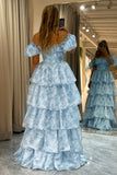 Off the Shoulder Tiered Blue Printed A Line Corset Prom Dress