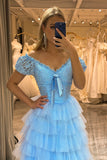 Tiered Blue A Line Princess Prom Dress with Lace