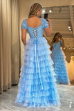 Tiered Blue A Line Princess Prom Dress with Lace