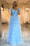 Tiered Blue A Line Princess Prom Dress with Lace