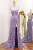 Mermaid Lace-Up Back Lilac Sequins Prom Dress with Slit