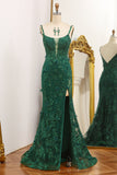 Dark Green Stylish Mermaid Spaghetti Strap Long Prom Dress with Appliques