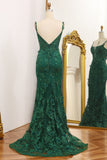 Dark Green Stylish Mermaid Spaghetti Strap Long Prom Dress with Appliques