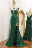 Dark Green Stylish Mermaid Spaghetti Strap Long Prom Dress with Appliques