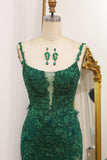 Dark Green Stylish Mermaid Spaghetti Strap Long Prom Dress with Appliques