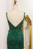 Dark Green Stylish Mermaid Spaghetti Strap Long Prom Dress with Appliques