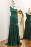 Sparkly Dark Green Mermaid One Shoulder Sequin Prom Dress with Slit