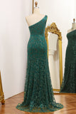 Sparkly Dark Green Mermaid One Shoulder Sequin Prom Dress with Slit