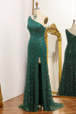 Sparkly Dark Green Mermaid One Shoulder Sequin Prom Dress with Slit