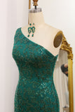 Sparkly Dark Green Mermaid One Shoulder Sequin Prom Dress with Slit