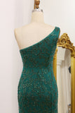 Sparkly Dark Green Mermaid One Shoulder Sequin Prom Dress with Slit