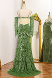 Floral Print Mermaid Spaghetti Straps Long Olive Prom Dress with Slit