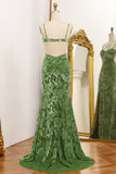 Floral Print Mermaid Spaghetti Straps Long Olive Prom Dress with Slit