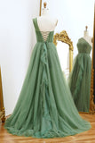 One Shoulder A Line Dark Green Tulle Prom Dress with Ruffles