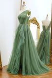 One Shoulder A Line Dark Green Tulle Prom Dress with Ruffles