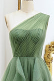 One Shoulder A Line Dark Green Tulle Prom Dress with Ruffles