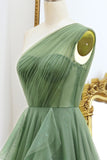 One Shoulder A Line Dark Green Tulle Prom Dress with Ruffles