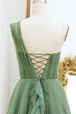 One Shoulder A Line Dark Green Tulle Prom Dress with Ruffles