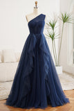 Sparkly Navy A-Line One Shoulder Long Tulle Prom Dress