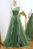 One Shoulder A Line Dark Green Tulle Prom Dress with Ruffles