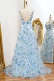 Blue A Line Tulle Prom Dress with Flowers