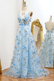 Blue A Line Tulle Prom Dress with Flowers