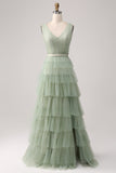 Pleated A Line V Neck Grey Green Floor Length Prom Dress