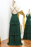 Pleated Dark Green A Line V-neck Prom Dress