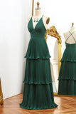 Pleated Dark Green A Line V-neck Prom Dress